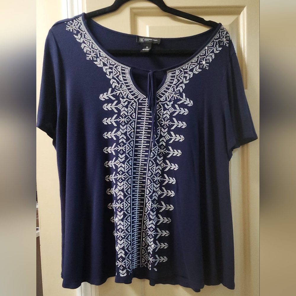 INC International Concepts Blue Embroidered top woth Split neckline with tie